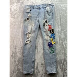 Y&R Young & Restless Slim Jeans Men Sz 38x36 Blue Distressed Street Hip Hop Read